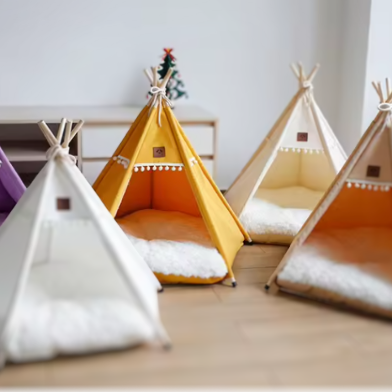 Stylish canvas & pine pet teepee house, a comfy cat house or dog bed for indoor pets. Modern pet furniture.