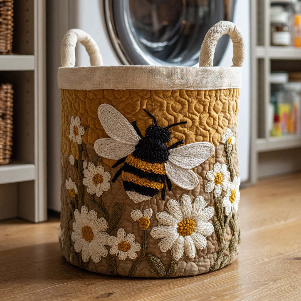 Stylish Daisy Bee Quilted Laundry Basket for home organization. Foldable cotton blend with honeycomb design.