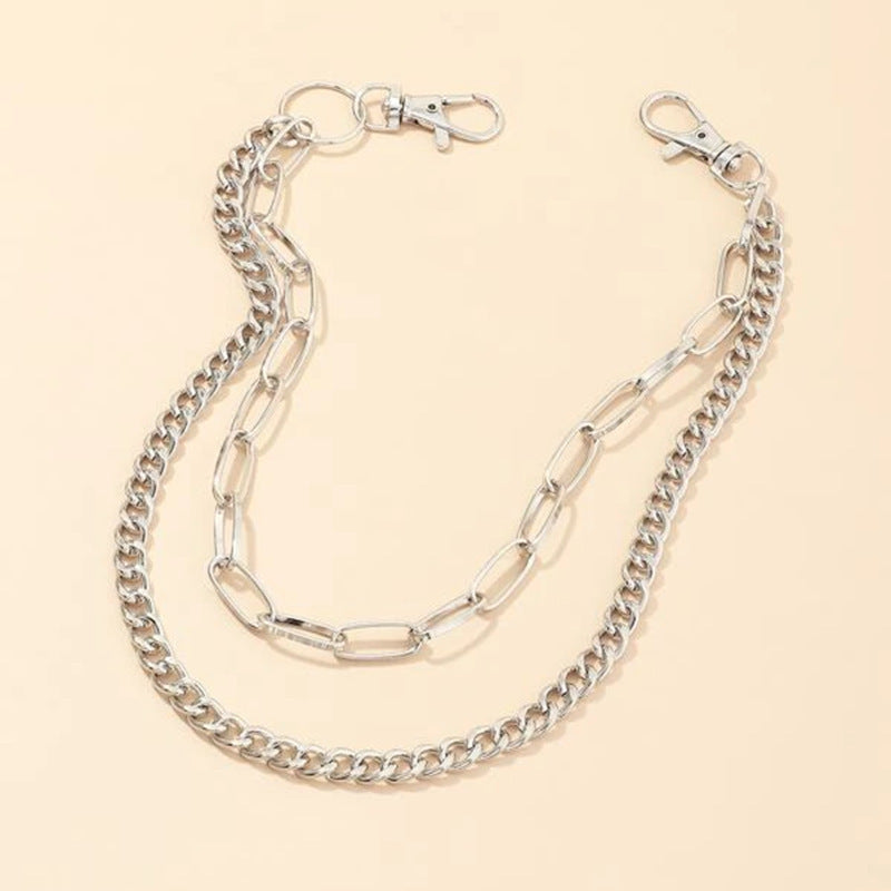 Fashionable gold metal waist chain accessory, a stylish addition for pants or bags, unisex design.