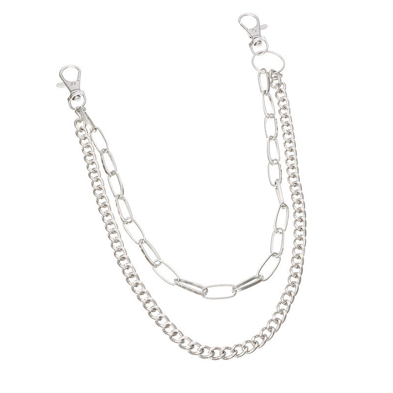 Gold fashion chain accessory, a chic metal waist chain for unisex pants, enhancing trendy streetwear.