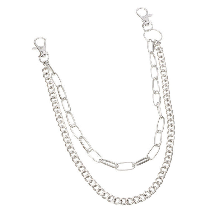Gold fashion chain accessory, a chic metal waist chain for unisex pants, enhancing trendy streetwear.