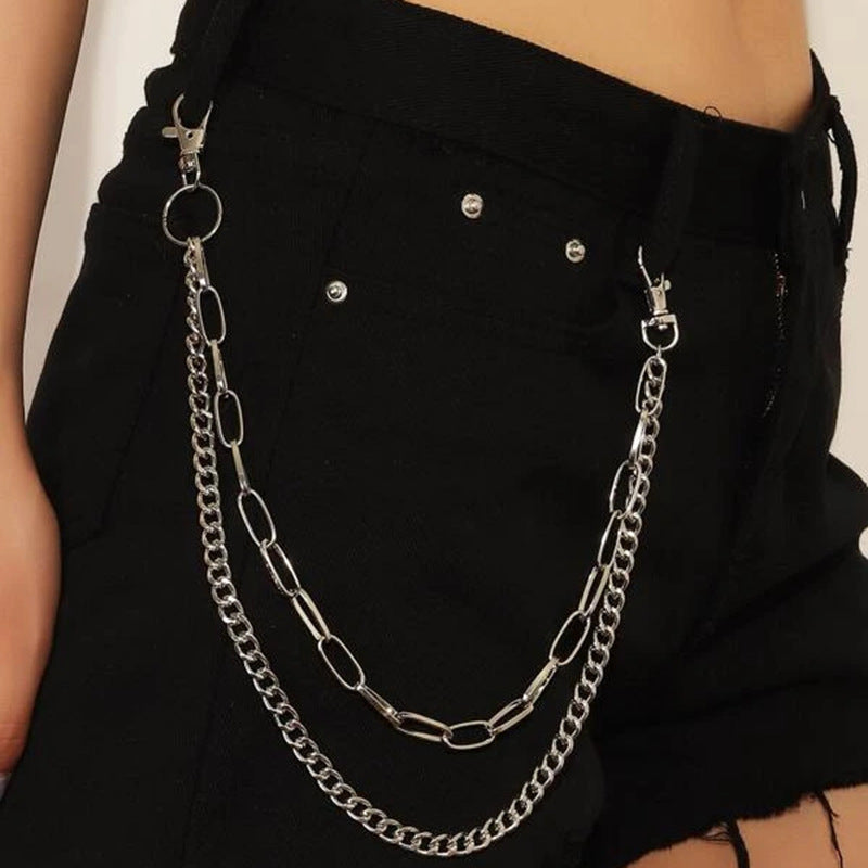 Trendy gold metal pants chain accessory, a stylish fashion chain for modern unisex outfits.