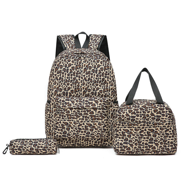 Women's leopard print backpack and matching cooler lunch bag, part of a versatile 3-piece set.