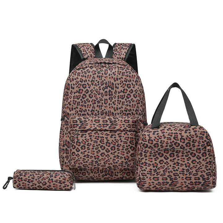 Student essential: Leopard print school backpack set with matching cooler lunch bag and stationery case.