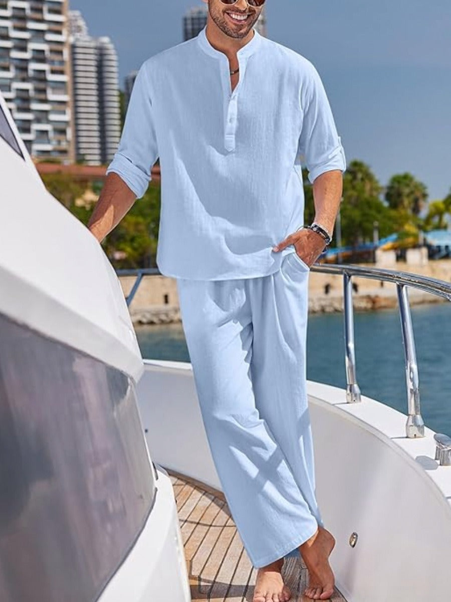 Stylish men's 2-piece summer outfit set with casual shirt & shorts for vacation, resort, or warm weather.