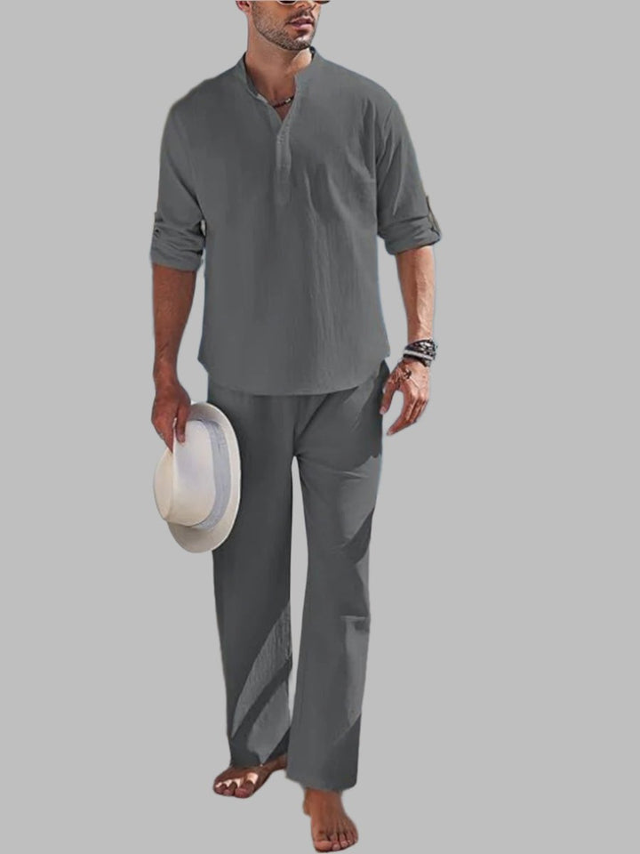 Men's fashion casual summer outfit. Comfortable 2-piece set with a stylish shirt & shorts for resort wear.