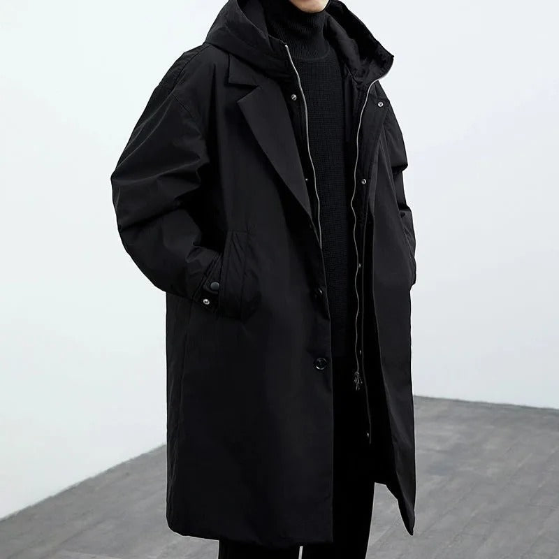 Structured men's hooded long trench coat. Classic warm outerwear for men's autumn & winter fashion, perfect for city.