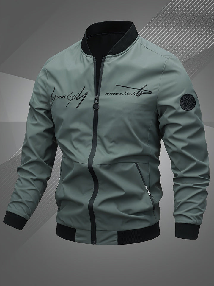 Stylish men's black zip-up bomber jacket, perfect modern outerwear for casual everyday fashion.