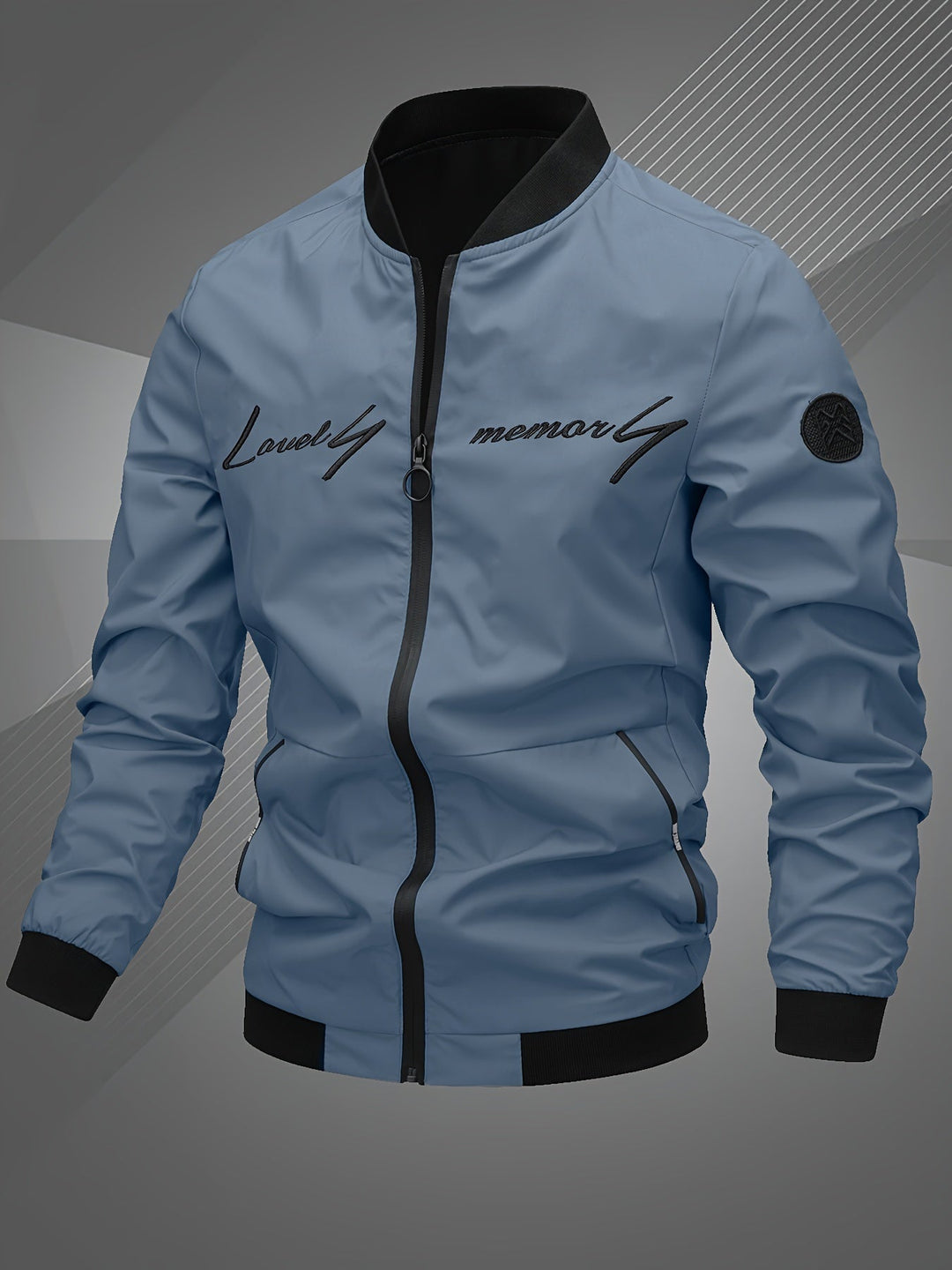 Close-up of the durable zip-up on a modern men's bomber jacket, highlighting quality & style.