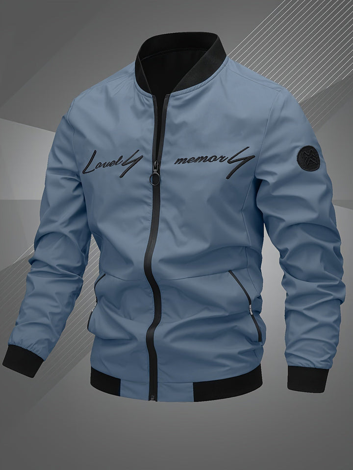 Close-up of the durable zip-up on a modern men's bomber jacket, highlighting quality & style.
