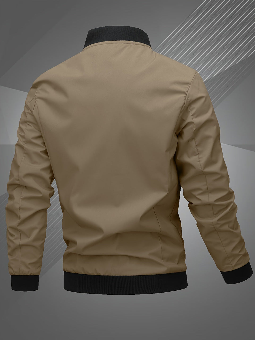 Back view of a sleek men's zip-up bomber jacket, showcasing its modern design for casual fashion.