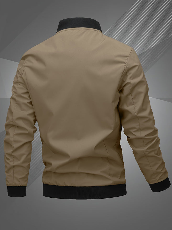Back view of a sleek men's zip-up bomber jacket, showcasing its modern design for casual fashion.