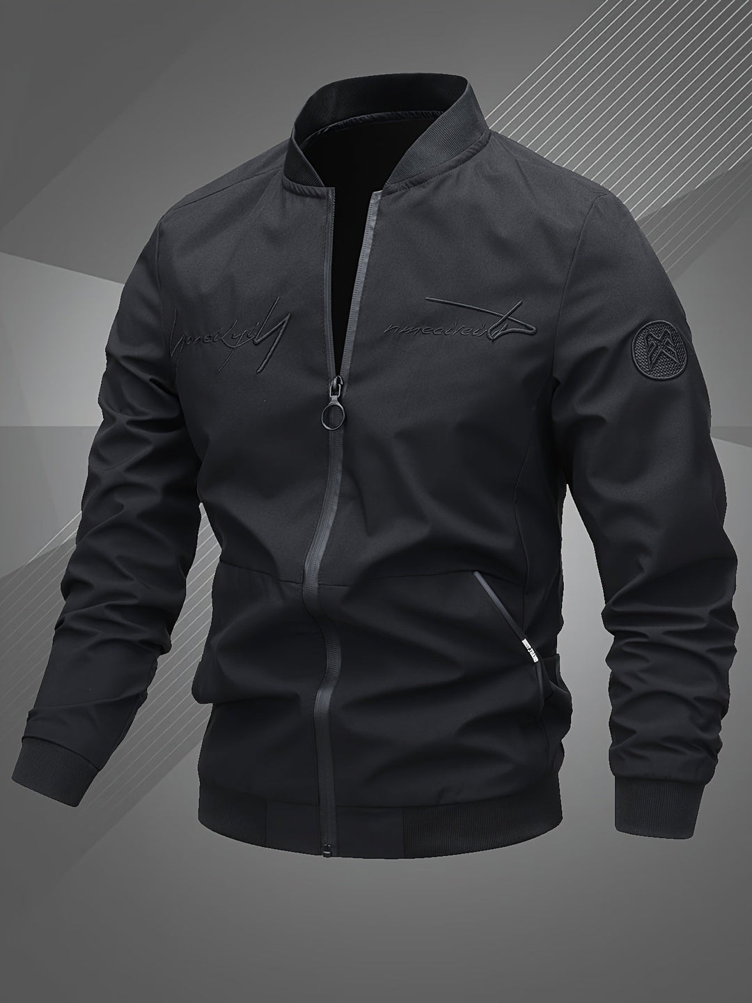 Front view of a men's stylish bomber jacket, open slightly, perfect for versatile everyday layering.