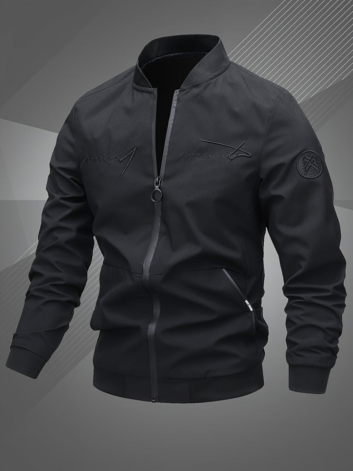Front view of a men's stylish bomber jacket, open slightly, perfect for versatile everyday layering.