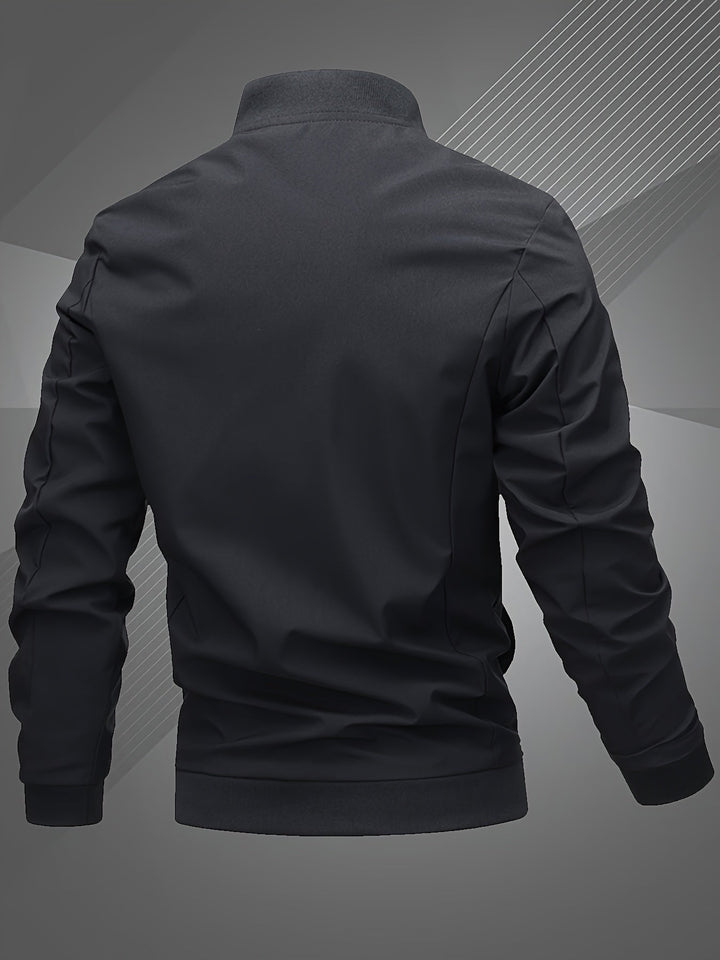 Modern men's everyday bomber jacket, a stylish zip-up outerwear piece for comfortable casual wear.