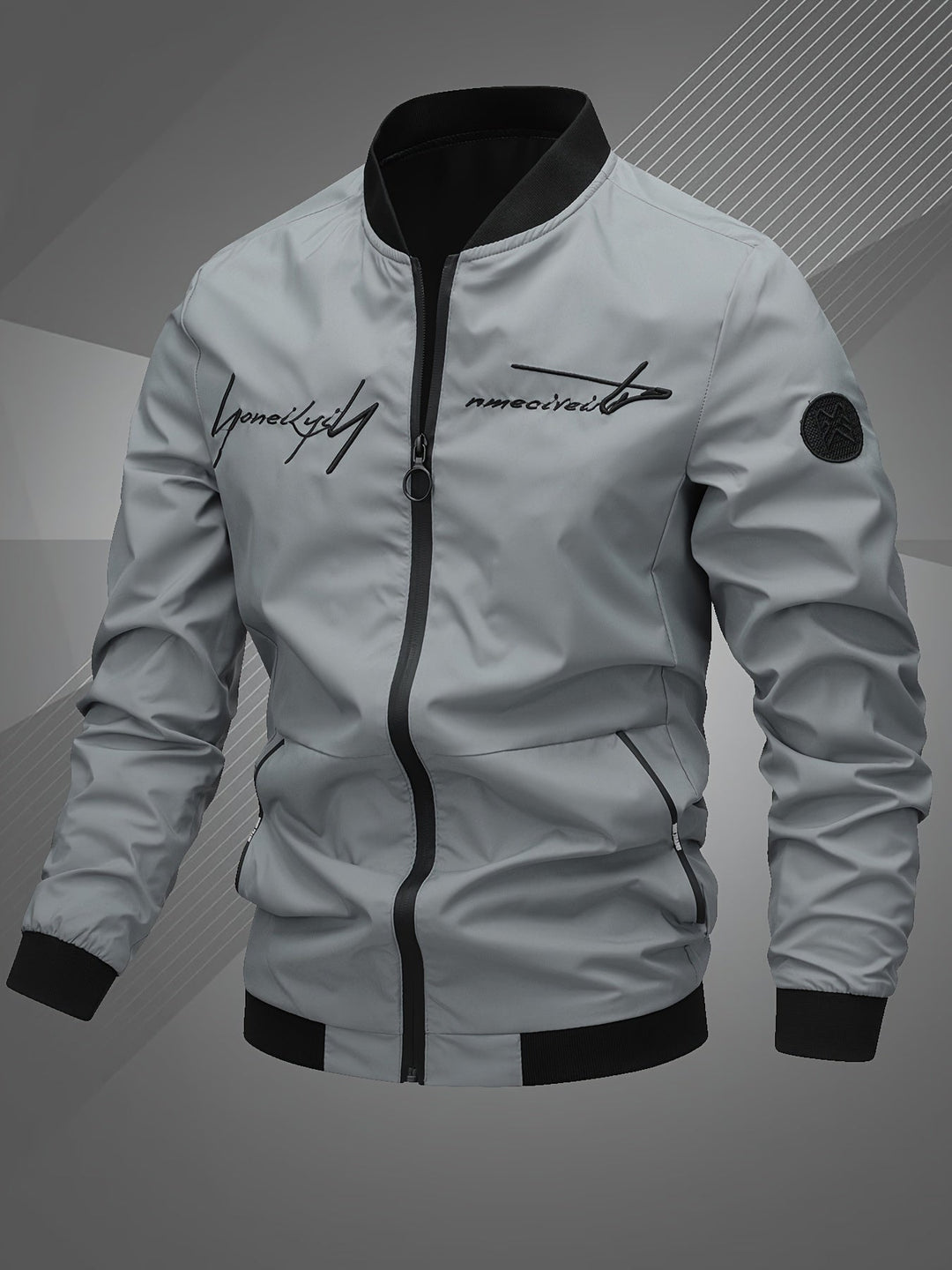 Detailed texture of the men's versatile bomber jacket, featuring a sturdy zip for stylish outerwear.