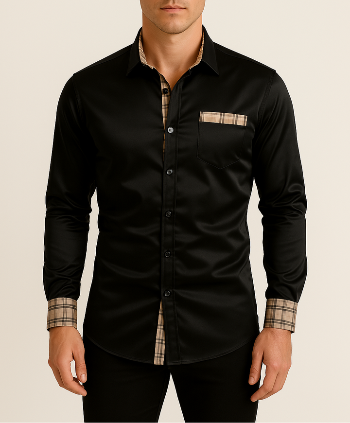 Stylish men's blue plaid long-sleeve dress shirt, perfect for business casual attire.