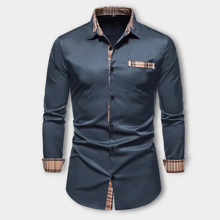 Sophisticated men's slim-fit plaid long-sleeve dress shirt, offering a modern and smart appearance.