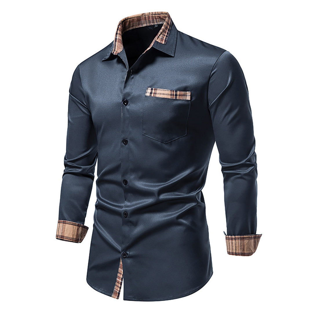 Men's stylish blue plaid long-sleeve shirt with a classic collar, perfect for an elegant look.