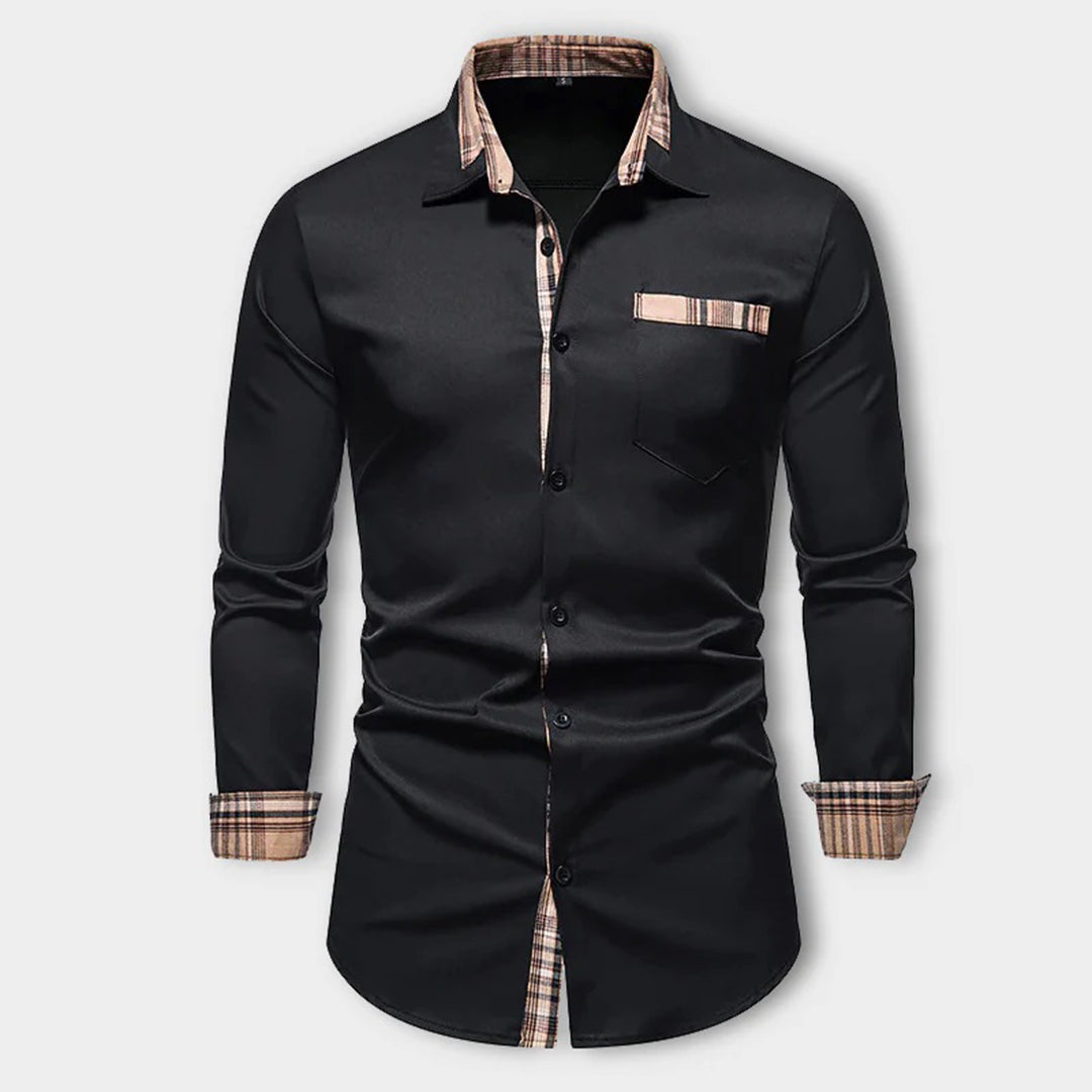 Elegant men's slim-fit grey plaid long-sleeve shirt, ideal workwear & business casual.