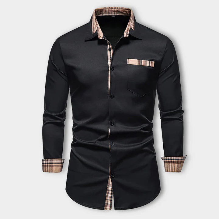 Elegant men's slim-fit grey plaid long-sleeve shirt, ideal workwear & business casual.