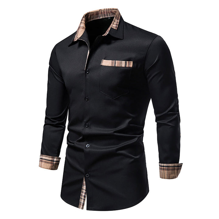 Men's stylish red & black plaid long-sleeve dress shirt, versatile for casual or formal.