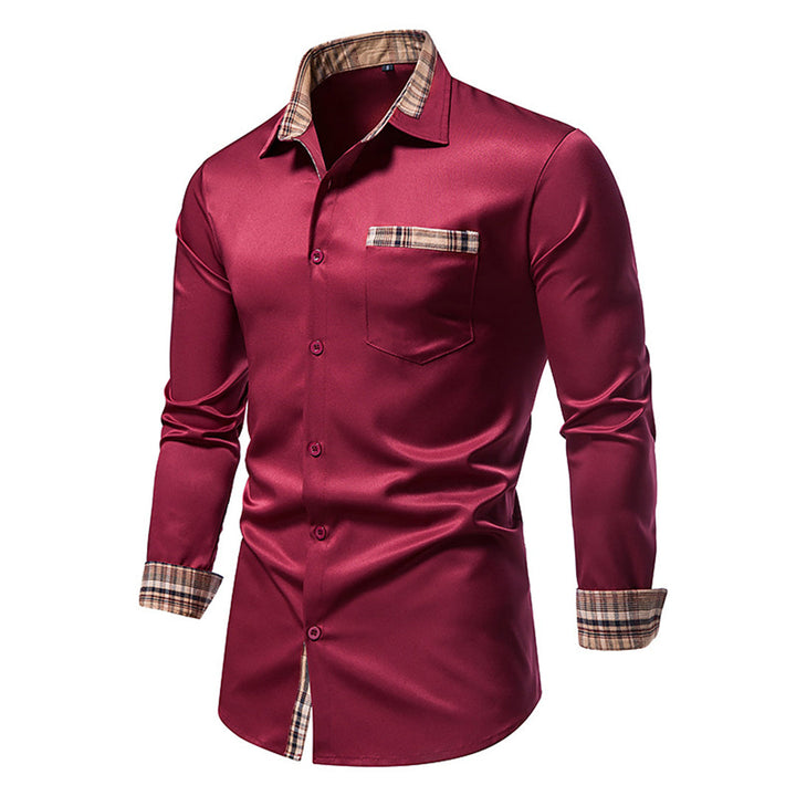 Fashionable men's slim-fit long-sleeve plaid shirt, designed for a sharp, sophisticated look.