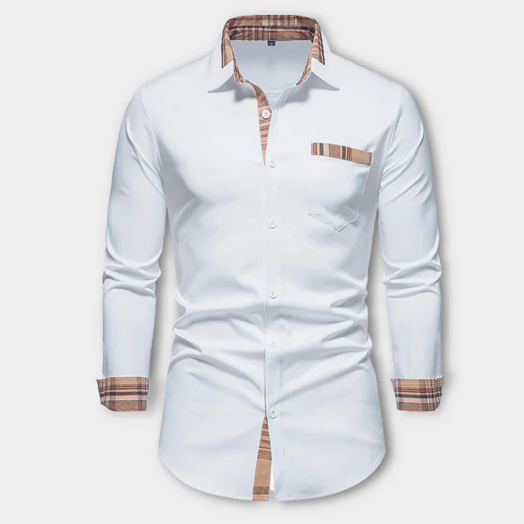 Men's elegant long-sleeve plaid shirt in rich brown tones, a stylish top for any occasion.