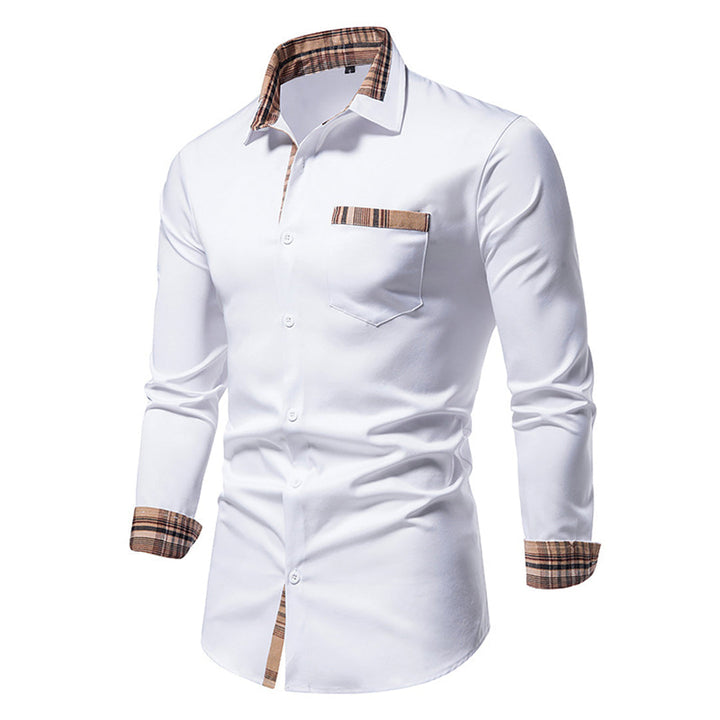 Front view of a men's stylish long-sleeve plaid shirt, perfect for men's fashion & workwear.