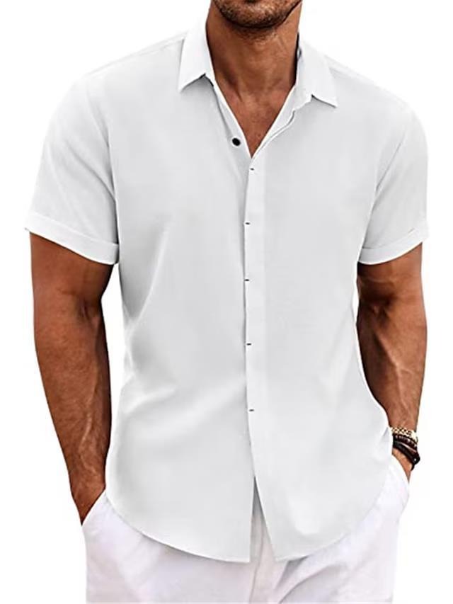 Relaxed fit men's short sleeve shirt. Breathable and lightweight for summer. Versatile casual button-up style.