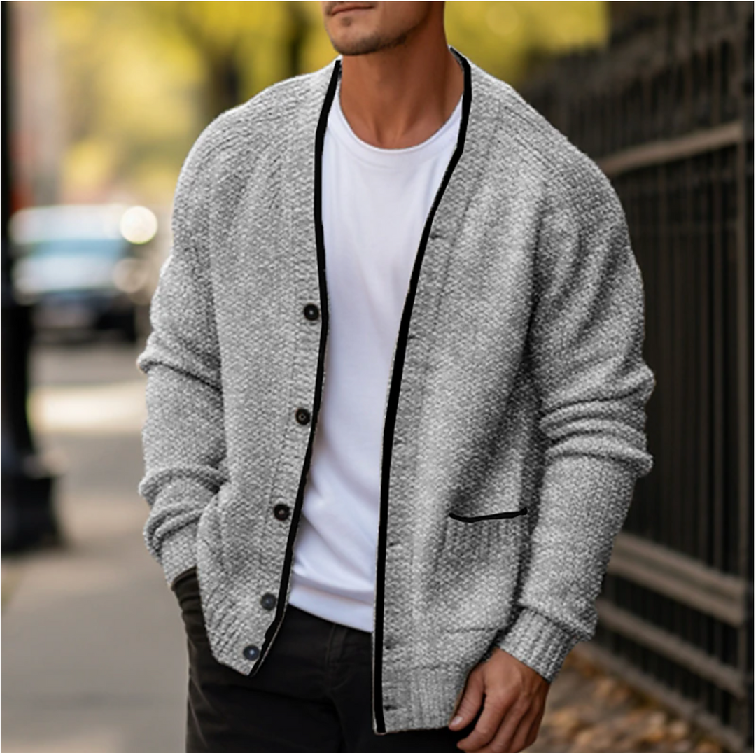 Stylish men's button-down V-neck cardigan sweater in a warm knit, perfect for casual or smart casual layering.