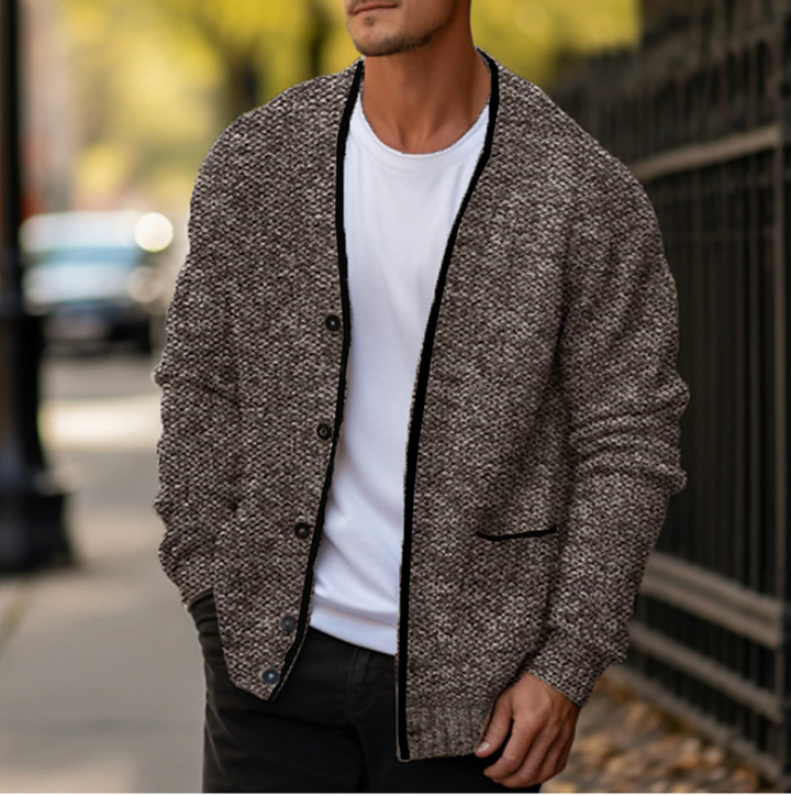 Classic men's V-neck knit cardigan sweater with button-down front, ideal for warm layering and stylish menswear.