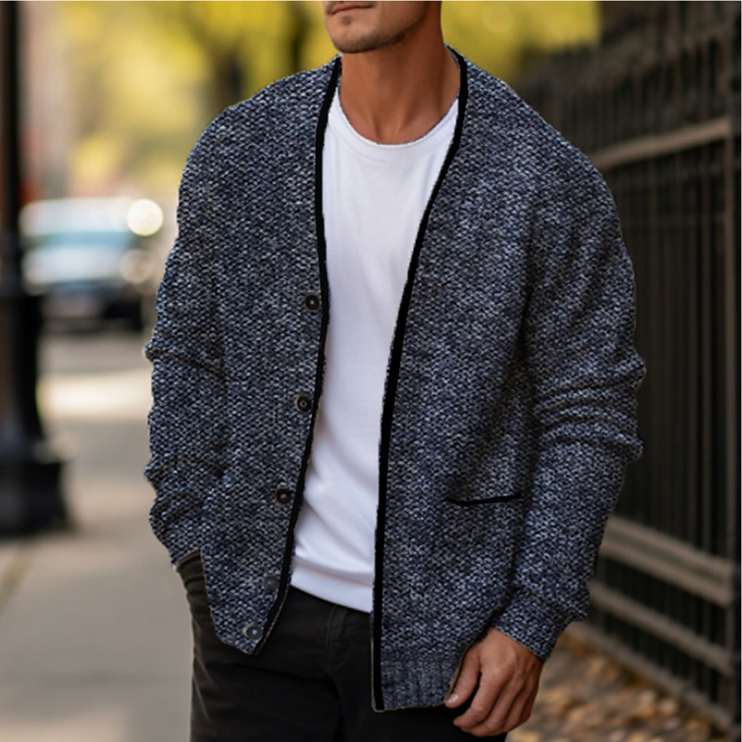 Versatile men's V-neck cardigan sweater with button-down closure, great for casual or smart casual outfits.