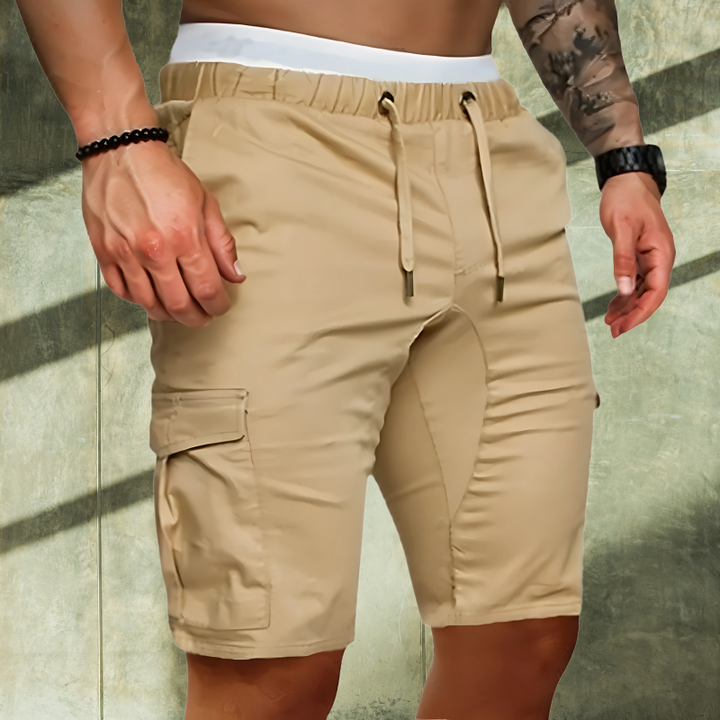 High-quality men's cargo shorts, neatly folded. Durable, comfortable utility shorts ideal for travel and summer.