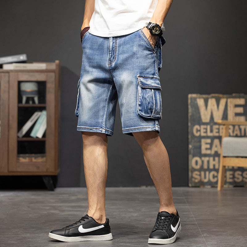 Stylish men's cargo shorts with multiple flap pockets, ideal for casual summer outfits & outdoor adventures.