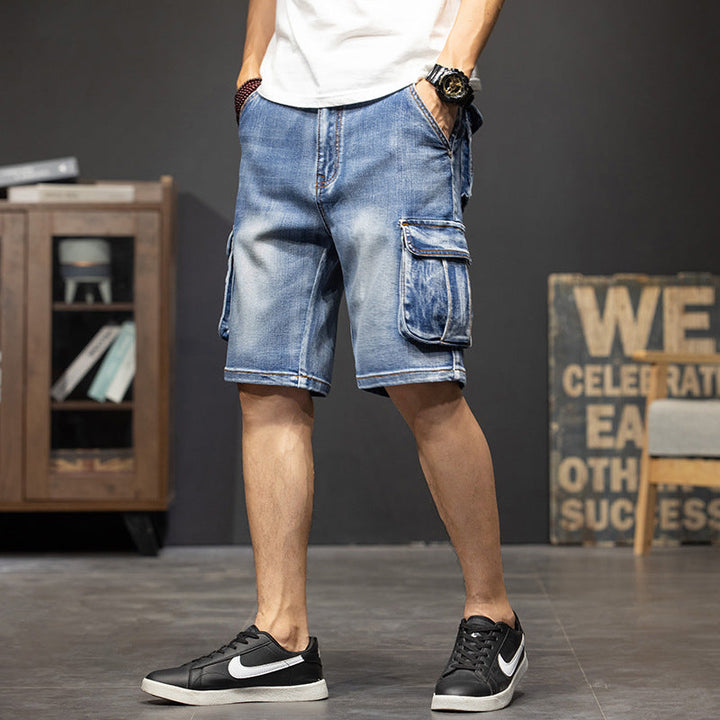 Stylish men's cargo shorts with multiple flap pockets, ideal for casual summer outfits & outdoor adventures.