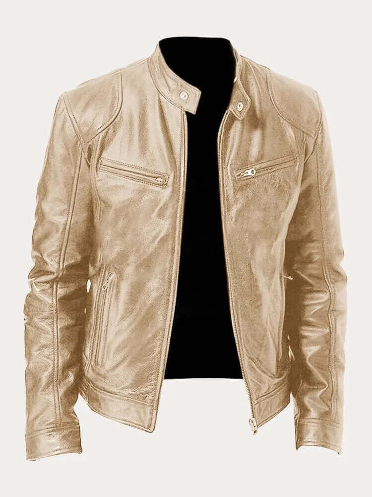 Men's stylish biker style jacket, all-season comfort with a sharp stand collar.
