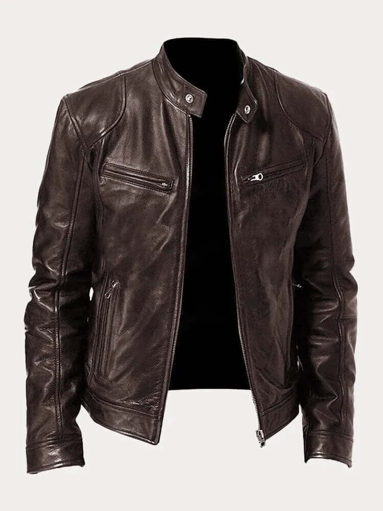 Men's casual biker style jacket, featuring a stand collar, ideal for everyday outfits.