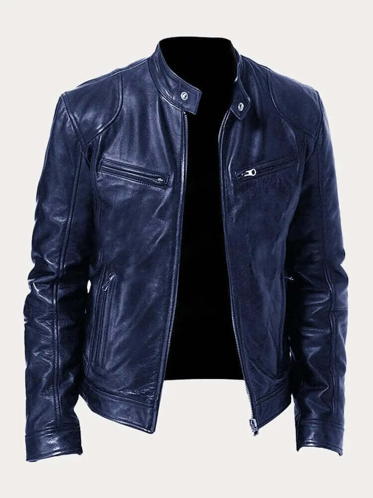 Sleek men's casual jacket with stand collar, perfect for versatile, stylish wear.