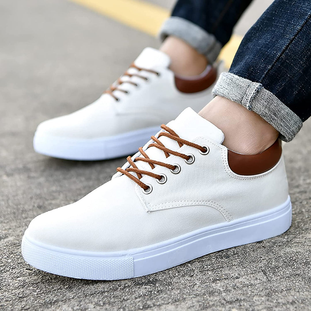 Side profile of a men's comfortable low-top sneaker with a trendy platform sole.