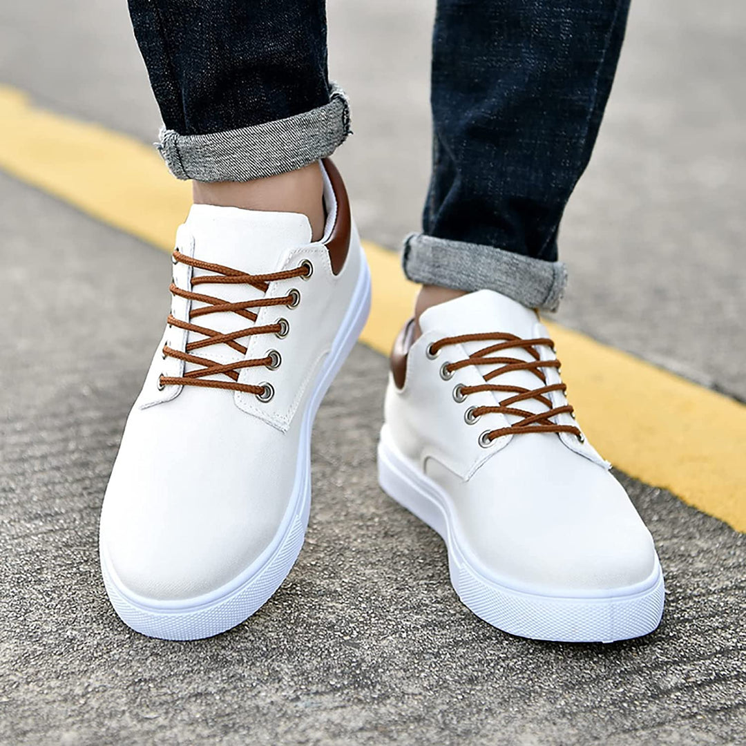 Pair of men's fashion sneakers, lace-up, low-top, designed for casual everyday wear.
