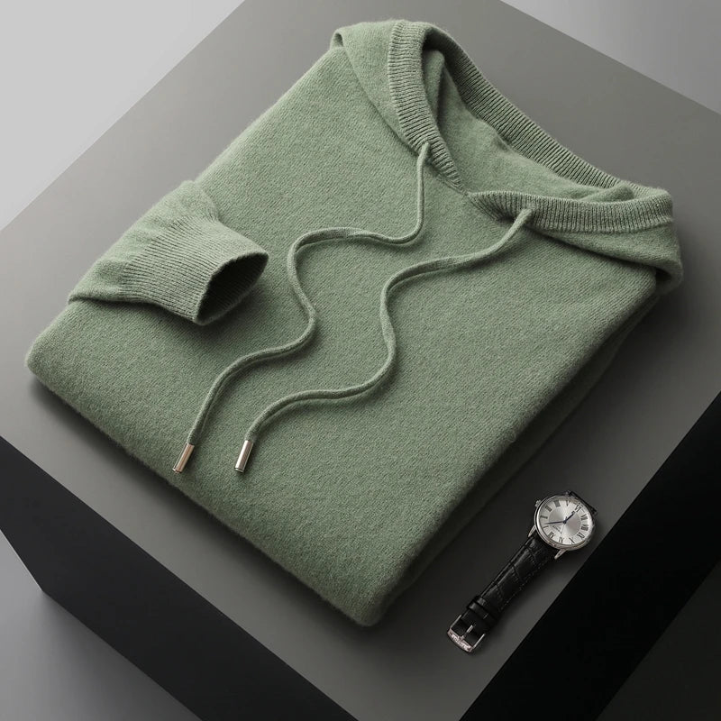 Back view of a comfortable men's luxury hoodie, showcasing its modern fit and versatile style.