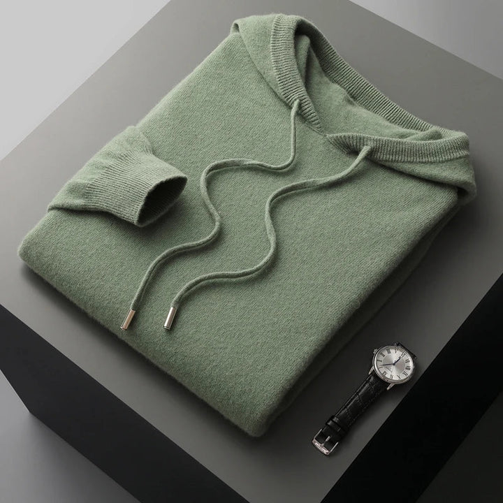 Back view of a comfortable men's luxury hoodie, showcasing its modern fit and versatile style.