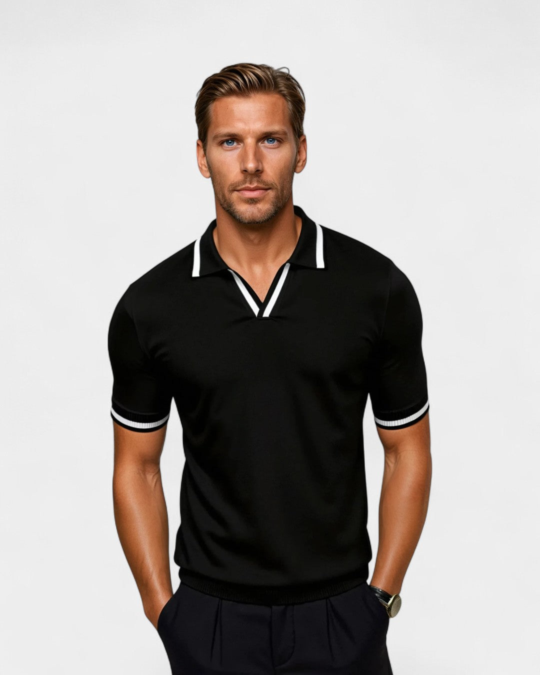 Stylish men's short sleeve polo shirt with a sophisticated contrast collar, ideal for smart casual summer wear.
