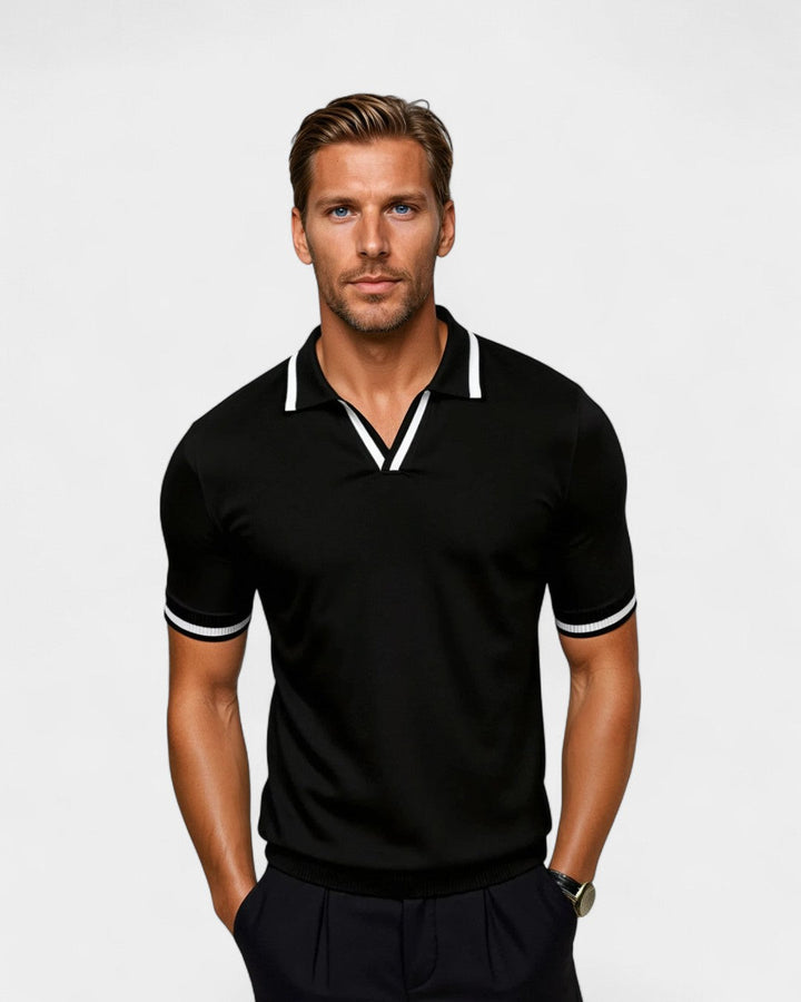 Stylish men's short sleeve polo shirt with a sophisticated contrast collar, ideal for smart casual summer wear.