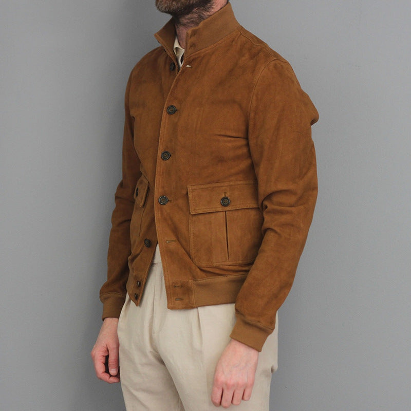 Stylish men's slim fit jacket with a smart stand collar & functional flap pockets, perfect casual or semi-formal outerwear.