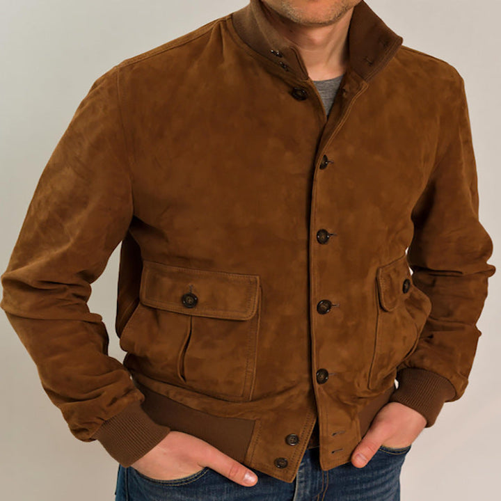 Modern men's slim fit jacket featuring a stand collar & flap pockets, a versatile outerwear piece for men's fashion.