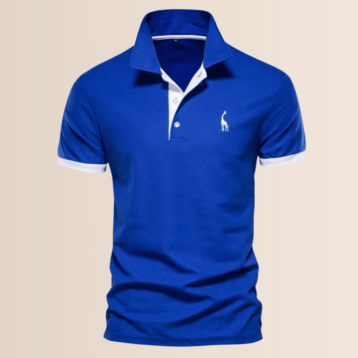 Modern men's short sleeve V-neck polo shirt with a unique stand collar, ideal for stylish spring and summer outfits.