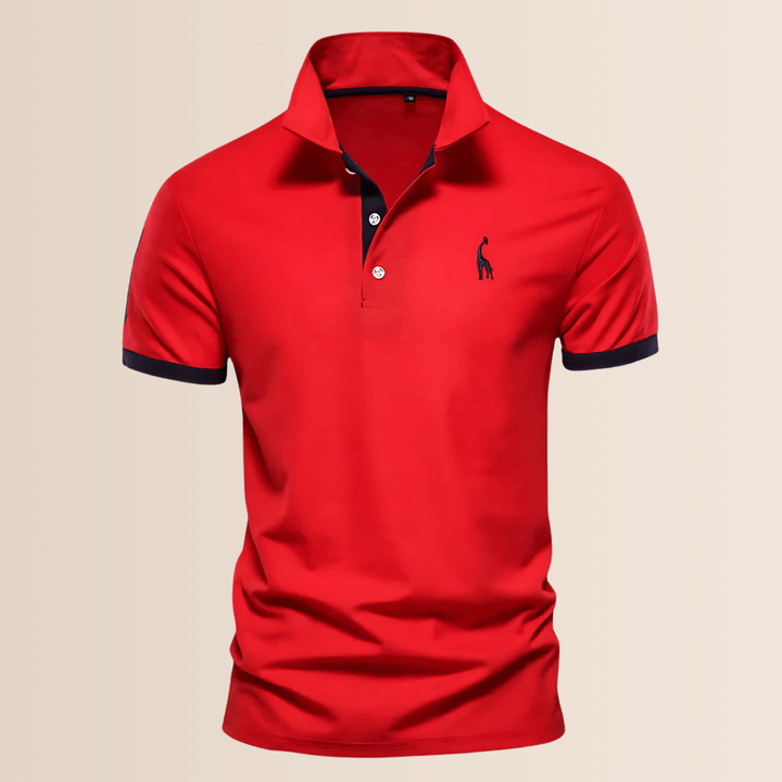 Relaxed fit men's V-neck polo shirt featuring a smart stand collar, perfect for comfortable casual spring wear.