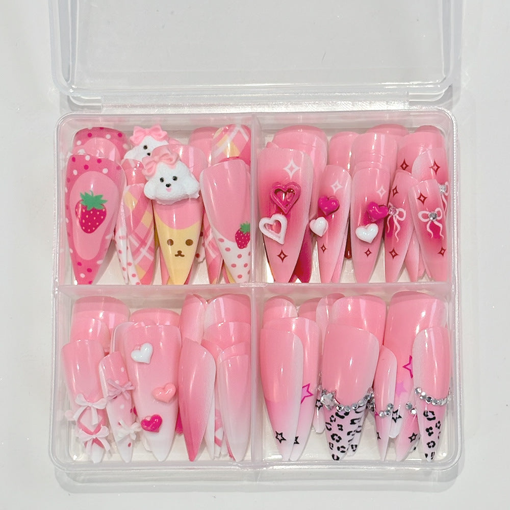 Close-up of decorative purple fake nails for women, showing stylish nail art designs for fashion beauty.